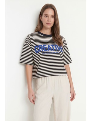 Rays Bej Bisiklet Yaka Kısa Kol Çizgili Crop Tişört 8325