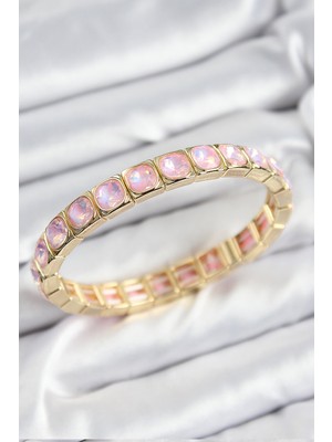Youday Accessories Pirinç Pembe Zirkon Taşlı Kare Model Gold Renk Lastikli Kadın Bileklik