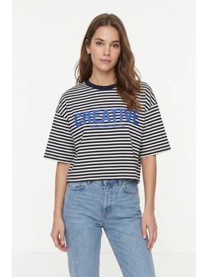 Rays Laci Bisiklet Yaka Kısa Kol Çizgili Crop Tişört 8325