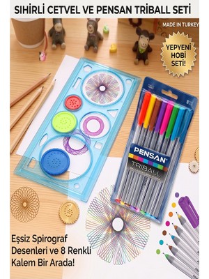 Artlantis Sihirli Cetvel 1 Adet ve Pensan Triball Tükenmez Kalem 8 Li 1 Paket Plastik Sihirli Daire Cetvel Desen Şablon Çizim Okul