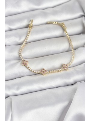 Youday Accessories Pembe Yonca Detaylı Zirkon Taşlı Gold Renk Pirinç Su Yolu Kadın Bileklik