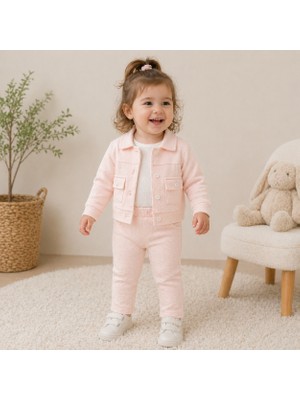 Kız Çocuk Takım Pudra Pembe Ceketli Pantolonlu Şık Kombin
