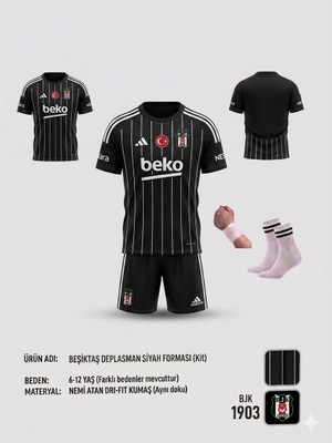 Yenteks Beşiktaş. Deplasman Siyah  Çocuk Forma Takımı 4 Lü Set Forma+Şort+Bileklik+Çorap