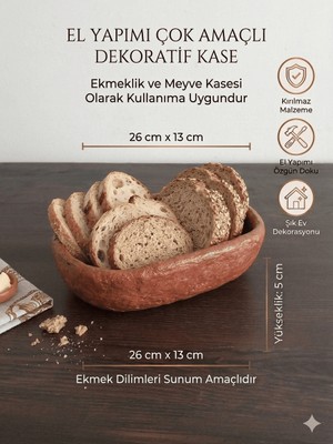 Art By Aslı El Yapımı Çok Amaçlı Ekmek ve Meyve Kasesi - Dekoratif Sunum Kabı, Eşsiz Artisan Doku (26X13 Cm)