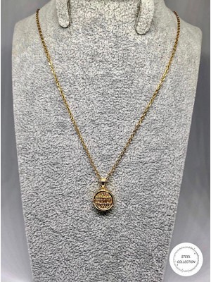 Yuvarlak Model Taşlı Gold Çelik Kolye