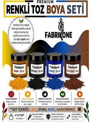 Fabrikone Toz Mum Boyası Seti 10 cc 4’lü – Soya & Parafin Wax Için – Sarı, Siyah, Mavi, Kahverengi BKFAB4SRSMKH10G