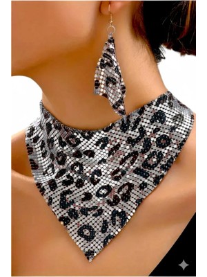 Petek Aksesuar Şal Model Leopar Zırh Metal Tasarım Kolye Küpe Set