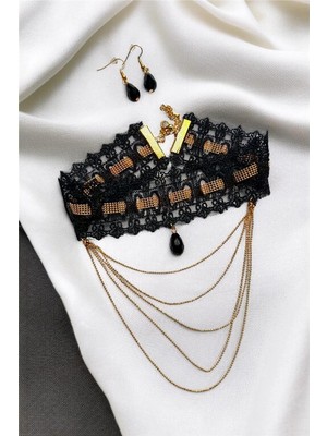 Petek Aksesuar Gotik Punk Zincir Sallantılı Tasma Choker Kolye Küpe Set