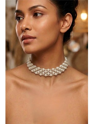 Petek Aksesuar Incili Taşlı Tasma Choker Kolye