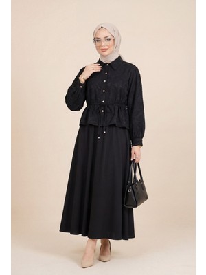 Moda Morfo Taşlı Düğmeli Beli Bağlamalı Etekli Jakar Takım  -Siyah