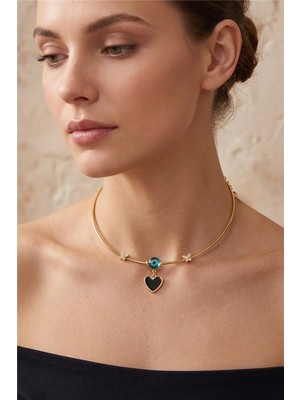 Petek Aksesuar Siyah Kalp Nazar Tasma Choker Kolye