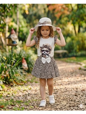 Kısmet Baby Leopar Desenli Baskılı T-Shirt Kloş Etek Şapka Takım