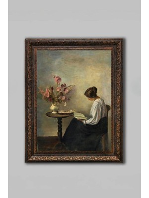 Efsa Sanat Tasarım Kitap Okuyan Kız - Vintage Tablo - Klasik Tablo - Vintage Çerçeveli Tablo