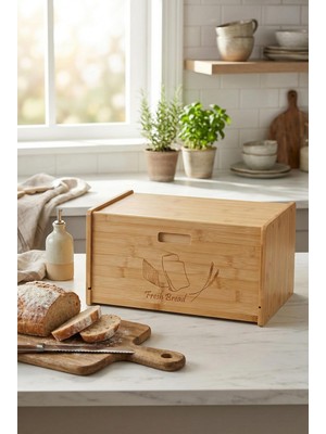 Doğal Bambu Kapaklı Ekmek Kutusu & Doğal Bambu Ekmek Dolabı (23X38X20 Cm)