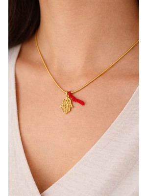 Arsaley Hamsa ve Kırmızı Kurdele Altın Kaplama Çelik Charm Kolye