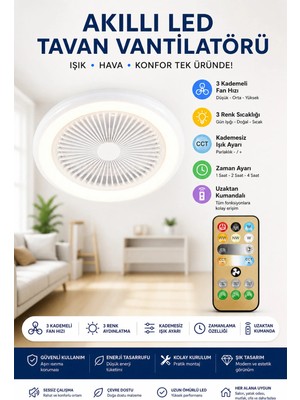 Neo Vista Akıllı LED Tavan Vantilatörü Uzaktan Kumandalı 3 Kademeli Fan & 3 Renk Işık ve Zaman Ayarlı Modern Lamba