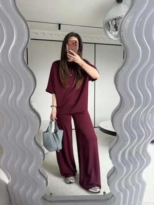 Özge Özgenç Yarasa Kol Örme Tişört Pantolon Takım