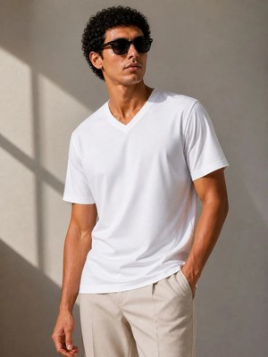 Tarz Yeri Erkek V Yaka Basic Tişört Kısa Kol Yazlık Regular Fit T-Shirt - Beyaz
