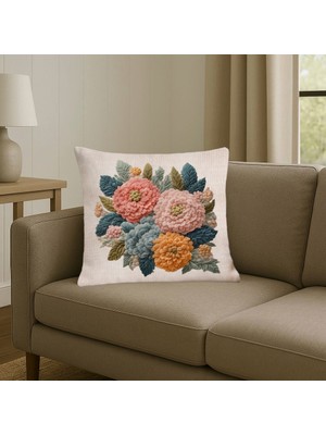 Minoza Dijital Baskılı Krem Zeminli Pastel Çiçek Desenli Dekoratif Kırlent Kılıfı