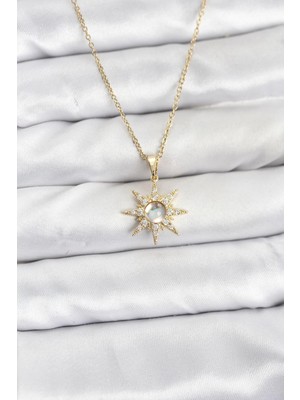 Renas Store 316L Çelik Zincir Gold Renk Kutup Yıldızı Model Zirkon Taşlı Kadın Kolye