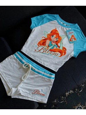 Violon Kadın Winx Club Bloom Karakter Baskılı Pamuklu Şort Tişört Takım - Mavi