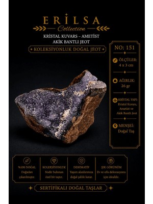 Erilsa Sertifikalı Kristal Kuvars Ametist Akik Bantlı Jeot Koleksiyonluk Doğal Taş Dekoratif Obje No 151