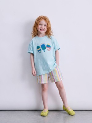 Kız Çocuk Dondurma Süzene Nakışlı Tshirt Müslin Şortlu 2 Li Takım