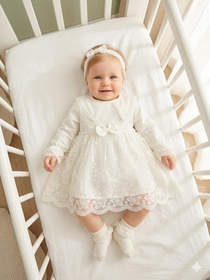 Miniday Baby Kız Bebek Mevlütlük Elbise Bandanalı Dantelli Yenidoğan Hastane Çıkışı Gelinlik Abiye Mevlitlik 4025