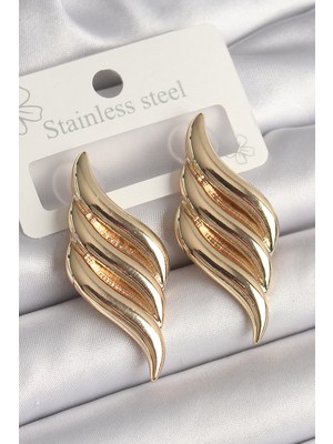 Renas Store Pirinç Gold Renk 3 Sıra Dalga Model Kadın Küpe