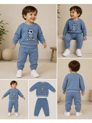 Baby Buu Buz Mavisi (6-24 Ay) Kaykaylı Ayıcık Nakışlı Kot Erkek Bebek Takım