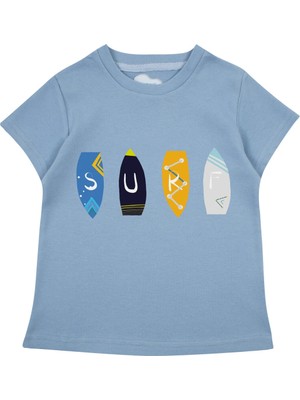 Bubuga Erkek Çocuk %100 Pamuk Gök Mavi Surf Baskılı Kısa Kol Tshirt