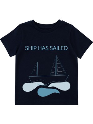 Bubuga Erkek Çocuk %100 Pamuk Lacivert Yelken Baskılı Kısa Kol Tshirt