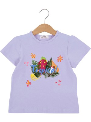 Bubuga Kız Çocuk %100 Pamuk Lila Renk Tropical Baskılı Kısa Kol Tshirt