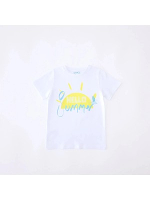 Bubuga Erkek Çocuk %100 Pamuk Beyaz Renk Hello Summer Baskılı Kısa Kol Tshirt