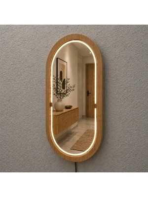 Aypars Atölye 18X32 cm Kayın Ahşap Çerçeveli Led’li Oval Ayna – 3000K Dimmer Işıklı Dekoratif Banyo Aynası (Meşe)