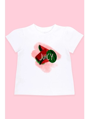Bubuga Kız Çocuk Pamuklu Beyaz Karpuz Baskılı Kısa Kol Tshirt