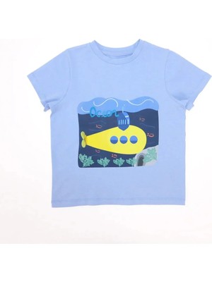 Bubuga Erkek Çocuk %100 Pamuk Gök Mavisi Renk Denizaltı Baskılı Kısa Kol Tshirt