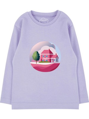 Bubuga Kız Çocuk %100 Pamuk Lila Renk Fuşya Ev Baskılı Uzun Kol Tshirt