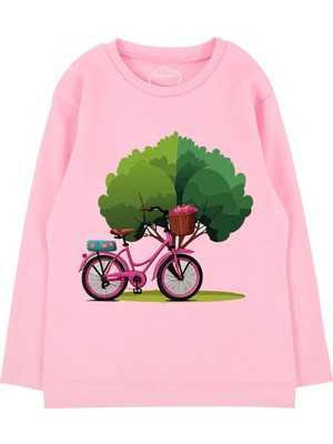 Bubuga Kız Çocuk %100 Pamuk Pembe Renk Bisiklet Baskılı Uzun Kol Tshirt
