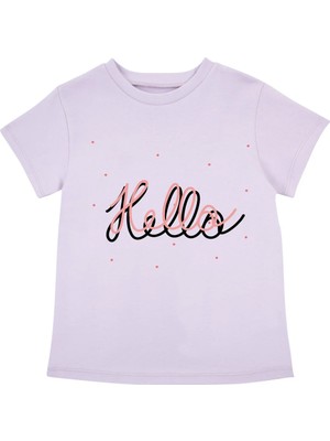 Bubuga Kız Çocuk %100 Pamuk Lila Hello Baskılı Kısa Kol Tshirt
