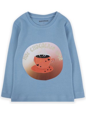Bubuga Kız Çocuk %100 Pamuk Gök Mavisi Renk Hot Chocolate Baskılı Uzun Kol Tshirt