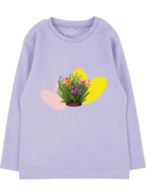 Bubuga Kız Çocuk %100 Pamuk Lila Renk Çiçek Baskılı Uzun Kol Tshirt