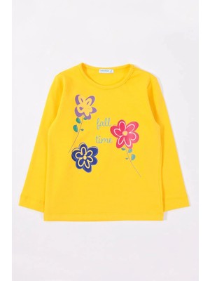 Bubuga Kız Çocuk %100 Pamuk Sarı Renk Fall Time Baskılı Uzun Kol Tshirt