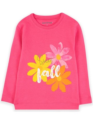 Bubuga Kız Çocuk %100 Pamuk Fuşya Renk Sweet Fall Baskılı Uzun Kol Tshirt