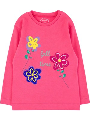 Bubuga Kız Çocuk %100 Pamuk Fuşya Renk Fall Time Baskılı Uzun Kol Tshirt