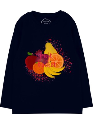 Bubuga Kız Çocuk %100 Pamuk Lacivert Renk Fruit Baskılı Uzun Kol Tshirt