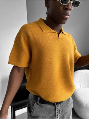Elku Moda Premium V Yaka Örme Polo Tişört Erkek Oversize Triko Üst Old Money Stil Rahat Kesim Dokulu Yazlık Italyan Yaka Tişört