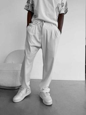 Elku Moda Erkek Rahat Kesim Pileli Kumaş Pantolon Relaxed Fit Yüksek Bel Dökümlü Pantolon