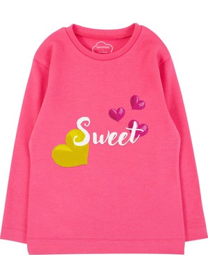 Bubuga Kız Çocuk %100 Pamuk Fuşya Renk Sweet Baskılı Uzun Kol Tshirt