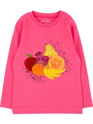 Bubuga Kız Çocuk %100 Pamuk Fuşya Renk Fruit Baskılı Uzun Kol Tshirt